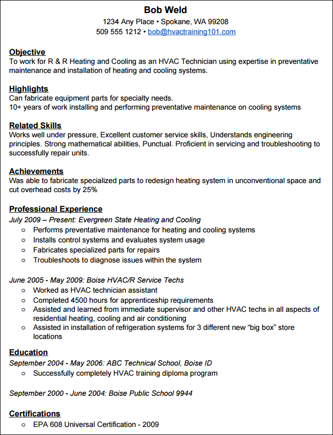 How To Create A Standout HVAC Resume With Example Resume